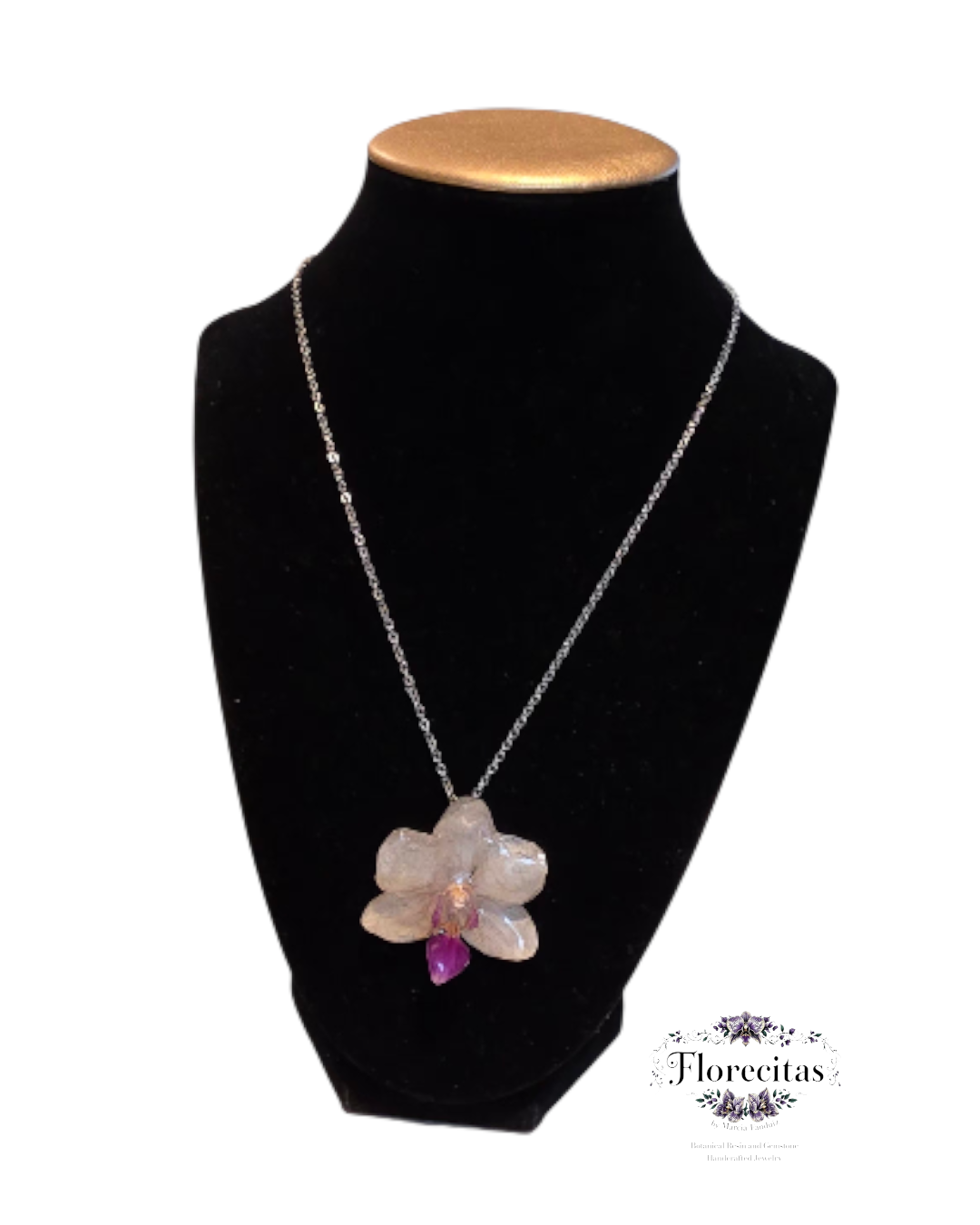 Mini White Purple Lipped Orchid necklace