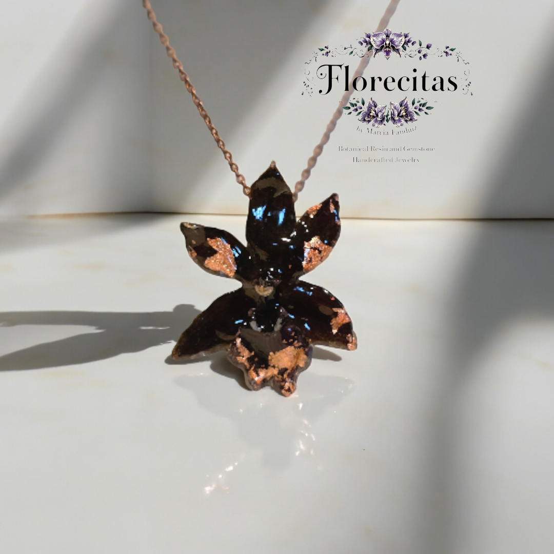 Chocolate Orchid with Copper Leaf Accent Necklace