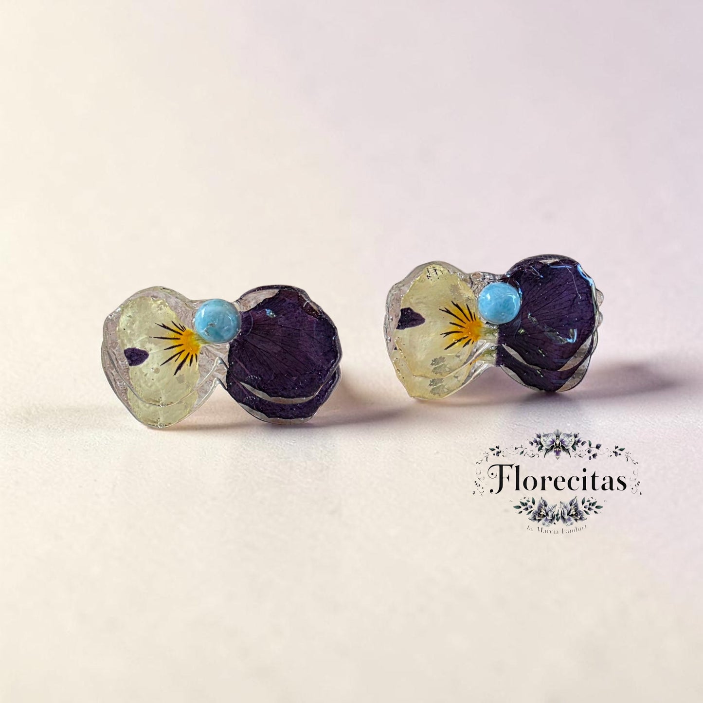 WHITE AND DEEP PURPLE VIOLA PETAL DUo AND LARIMAR STUDS