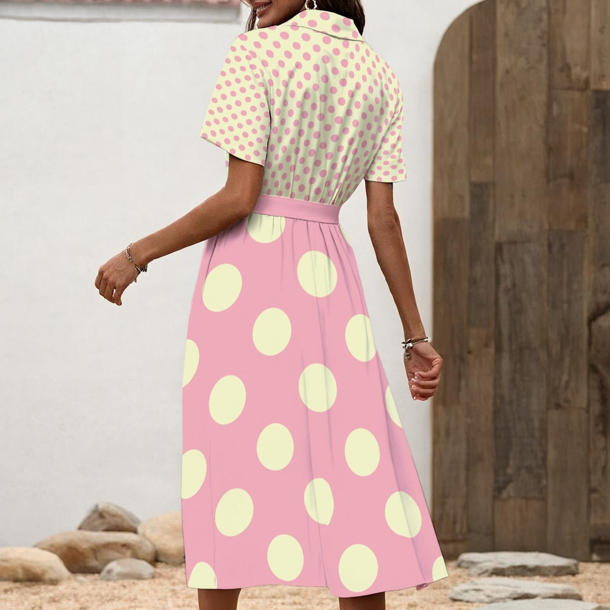 Cherry and Yellow Polka Dots Women's Shirt Dress with Waist Tie