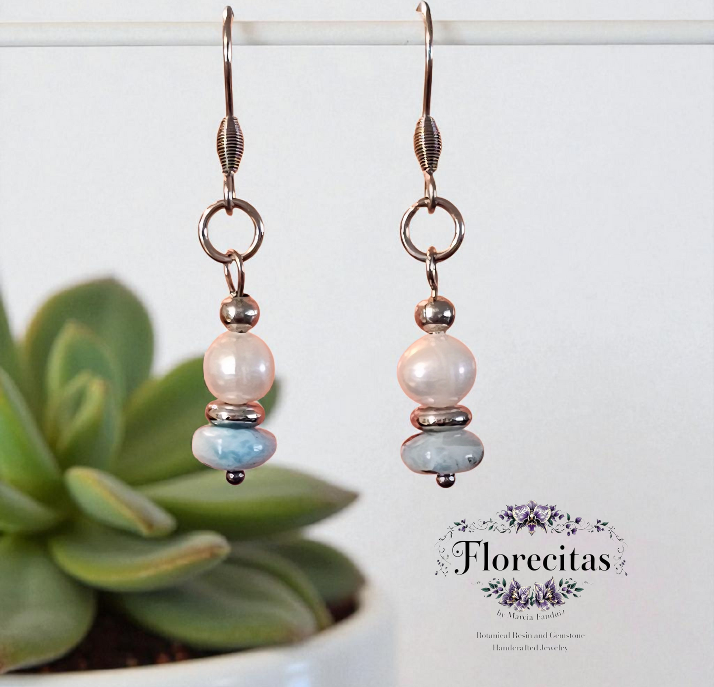 LARIMAR AND PEARL DANGLING EARRINGS