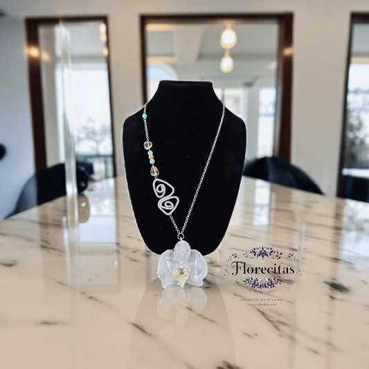 TATA WHITE ORCHID AYMMETRICAL NECKLACE