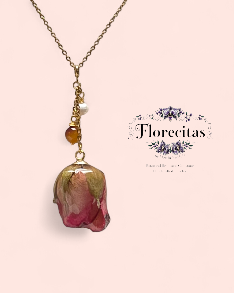 Chunky Pink Rose Bud with Pearl Necklace