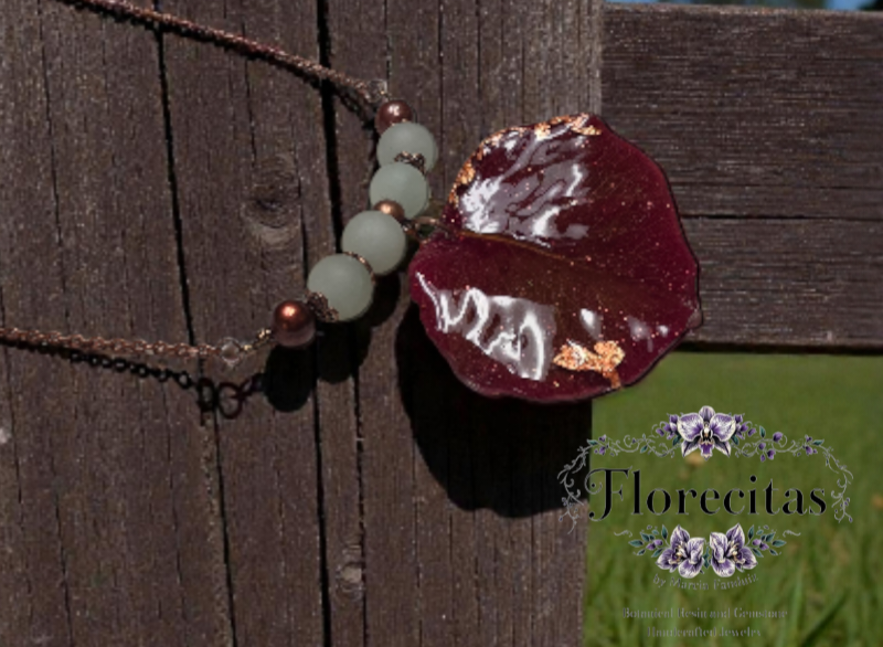 Burgundy Leaf and Green Gemstones