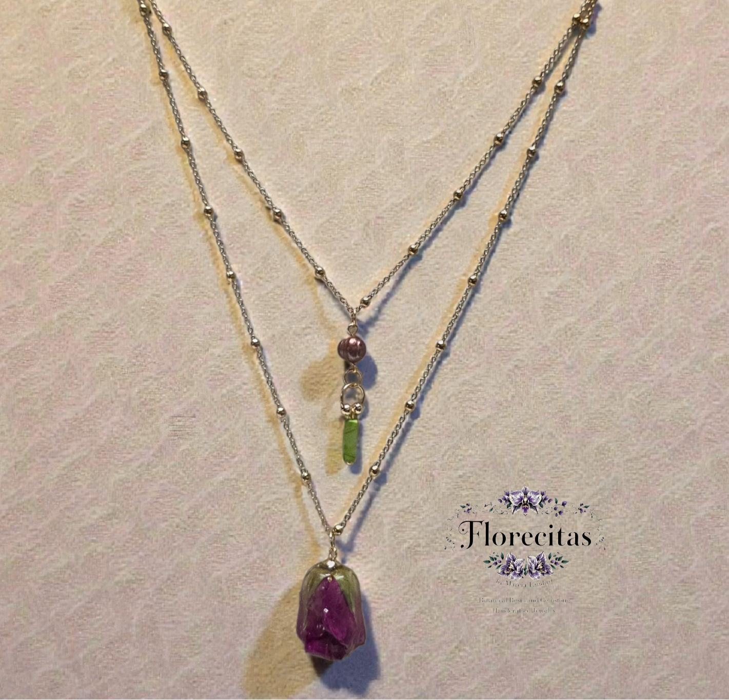 Double Chain Deep Pink Rosebud and Green gemstone necklace