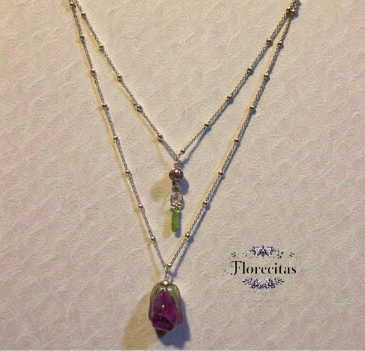 Double Chain Deep Pink Rosebud and Green gemstone necklace