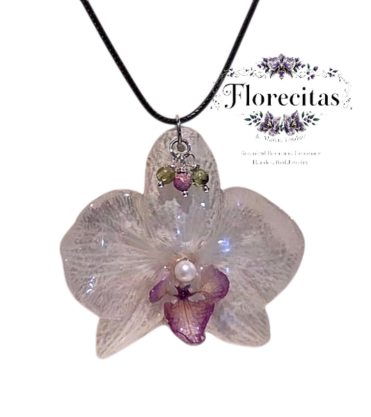 White, Purple Lipped Orchid with Gemstones