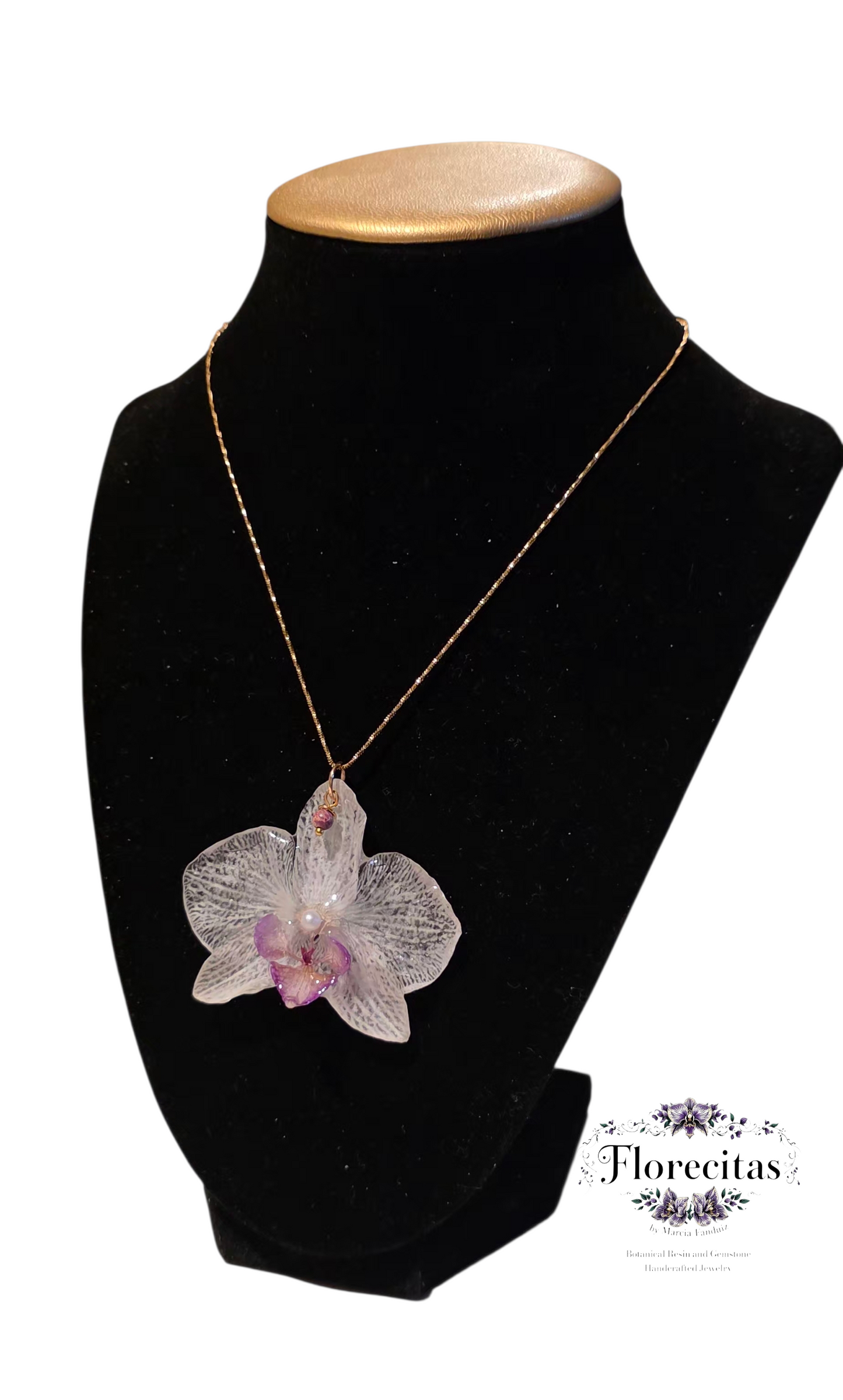 White, Purple Lipped Orchid with Gemstone bead necklace