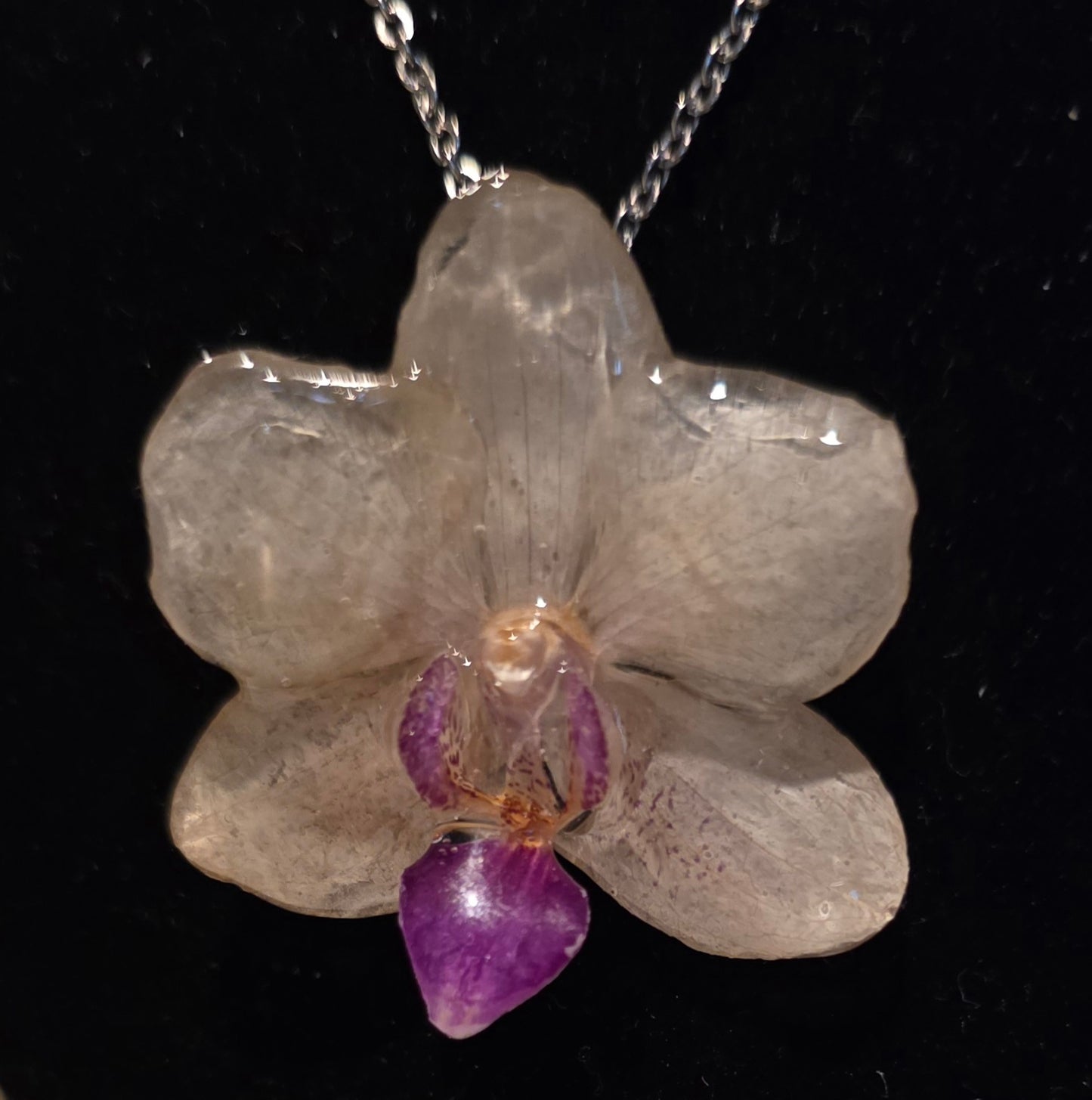 Mini White Purple Lipped Orchid necklace