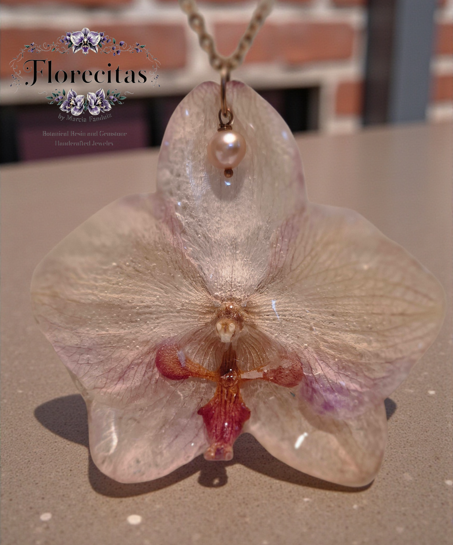 White, Pink Lipped Orchid with mini pearl Necklace