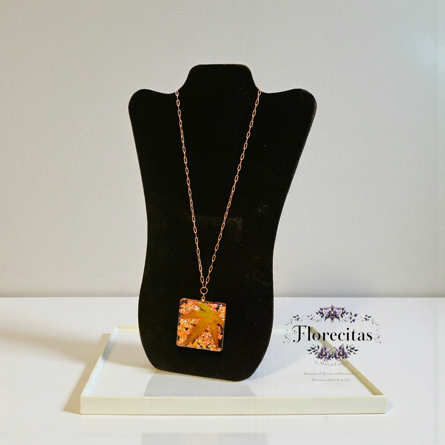 Green, Orange Japanese Maple Pendant Long Necklace