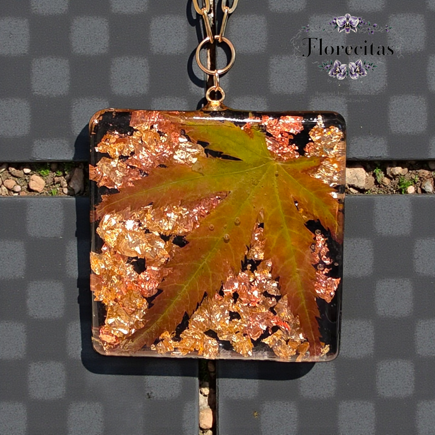 Green, Orange Japanese Maple Pendant Long Necklace