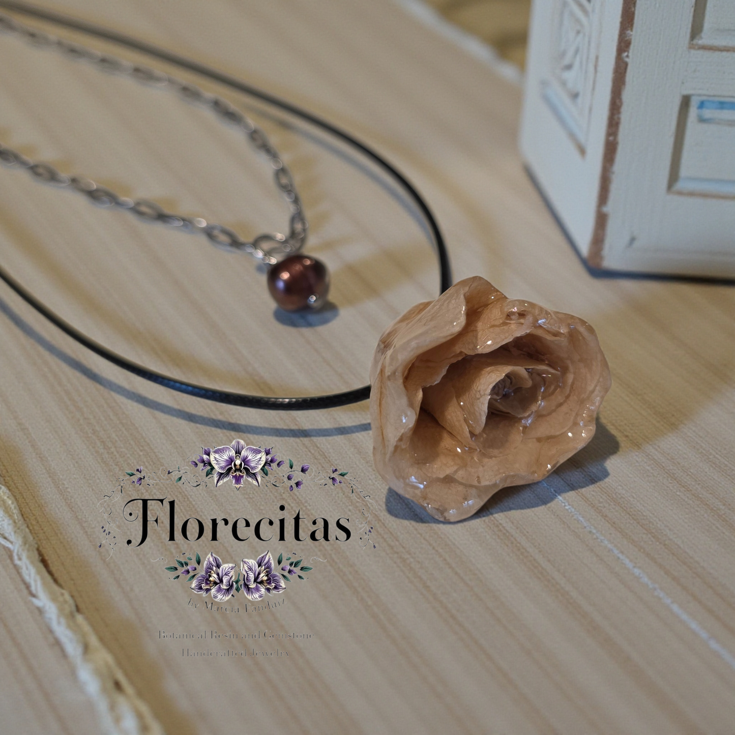 Beige Rose and Brown Pearl Necklace