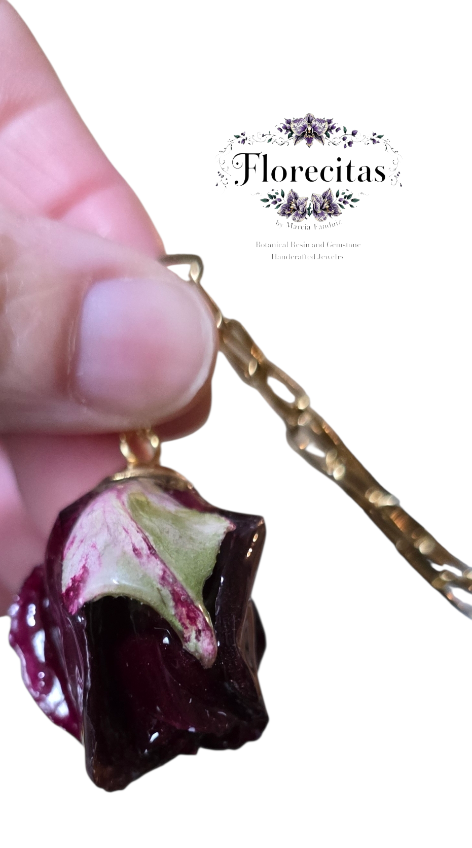 Deep Burgundy with Green Petal Rose Bud Necklace