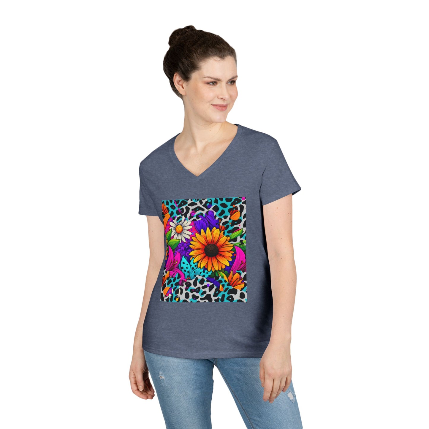 Amber Pop Art Daisies V-Neck Tee