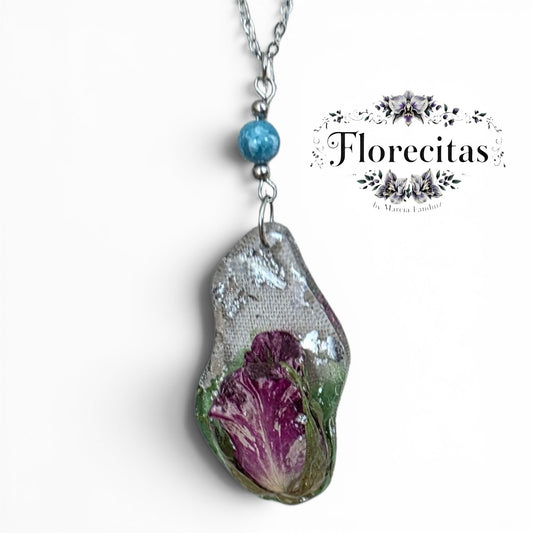 Resin Rose Pendant with Larimar Bead necklace