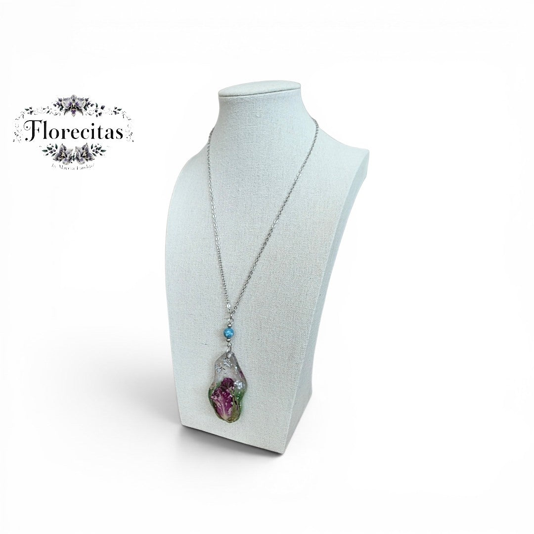 Resin Rose Pendant with Larimar Bead necklace