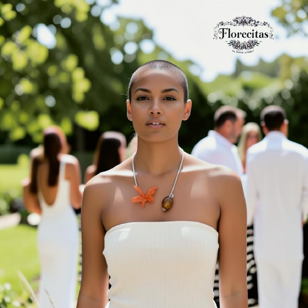 ORANGE CATLEYA AND AMBER GOLOR AGATE WIRE NECKLACE