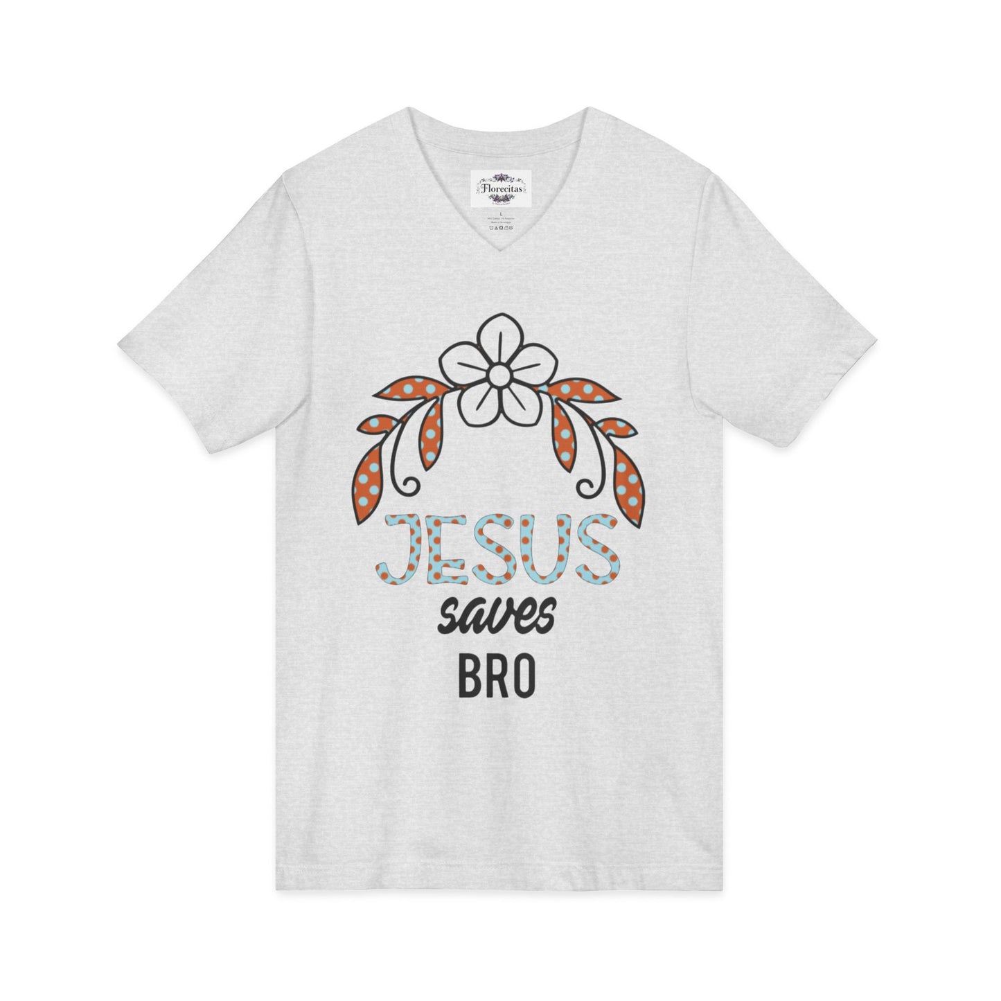 Jesus Saves Bro V-Neck Tee — Floral Cross Christian T-Shirt