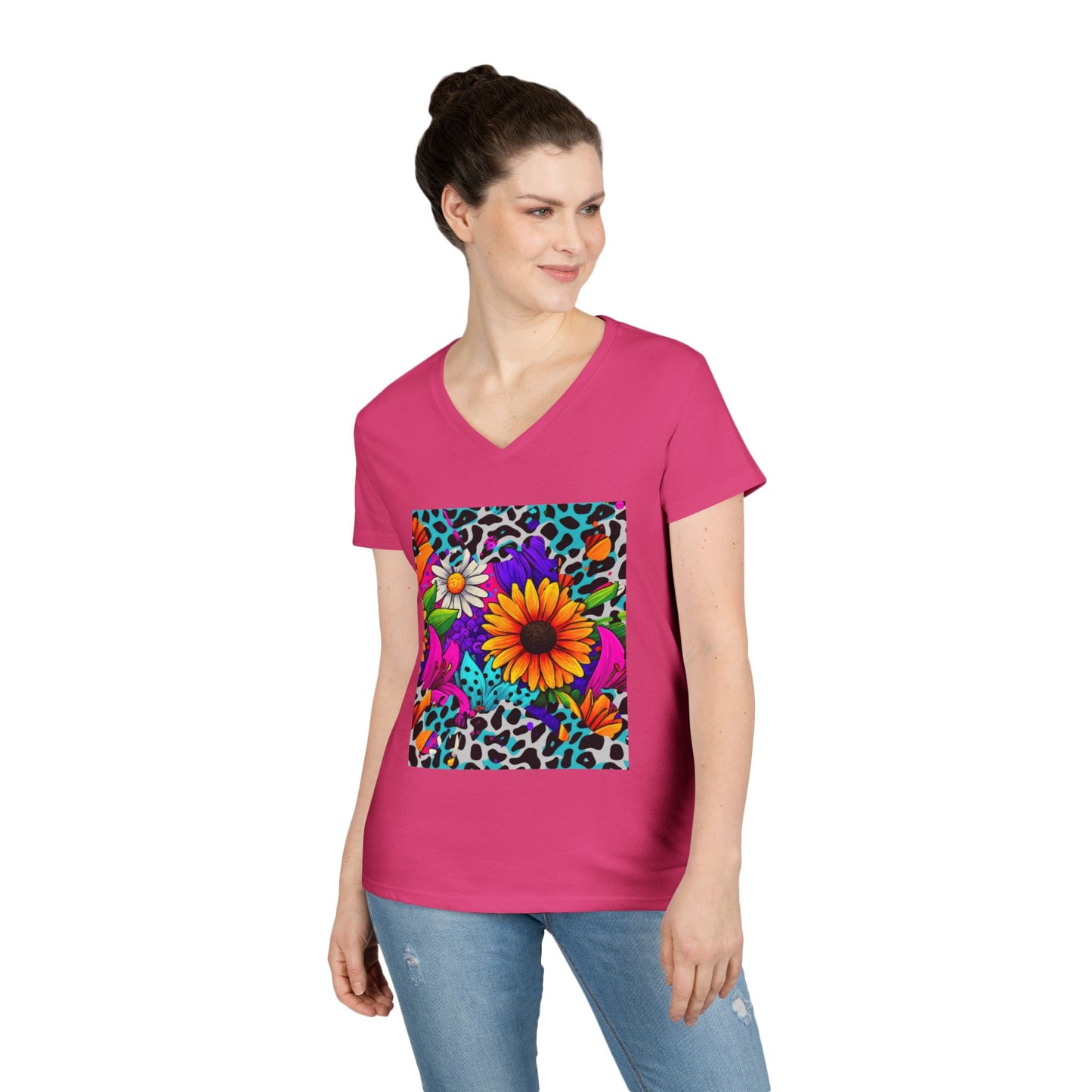 Amber Pop Art Daisies V-Neck Tee