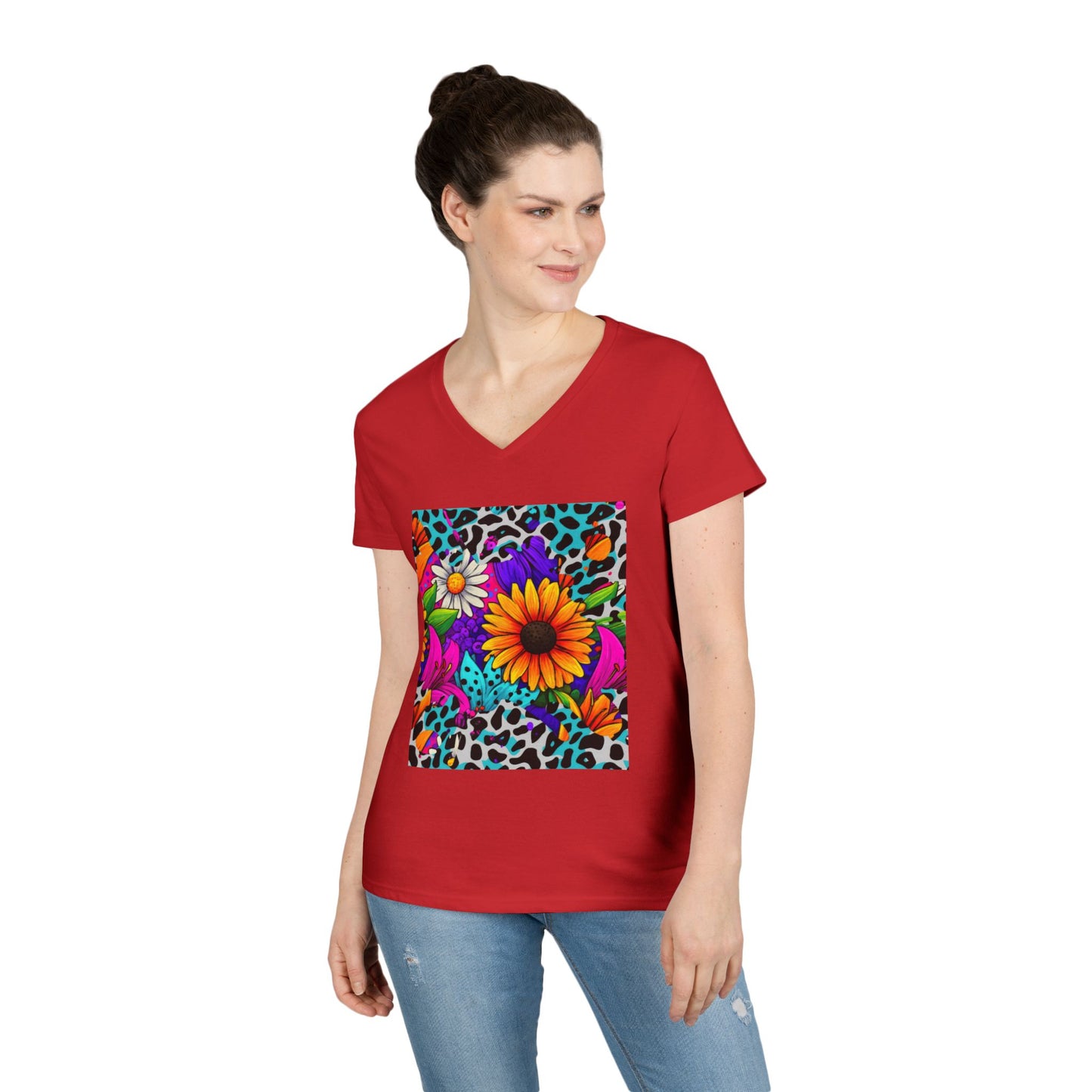 Amber Pop Art Daisies V-Neck Tee