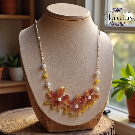 Orchid trio, pearls and amber Necklace