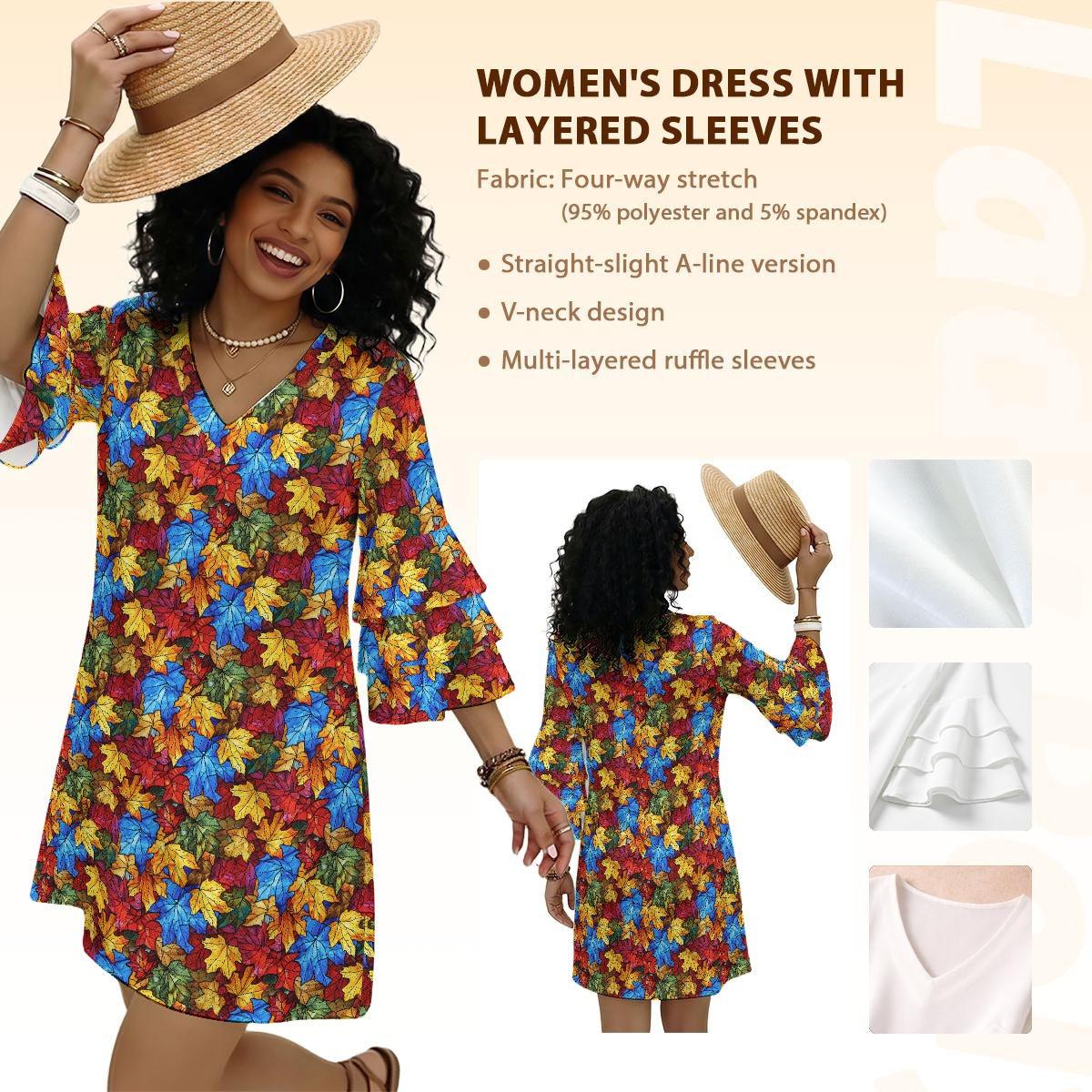 Stained Glass Maple Leaves Print Women's Stacked Ruffle Sleeve Dress