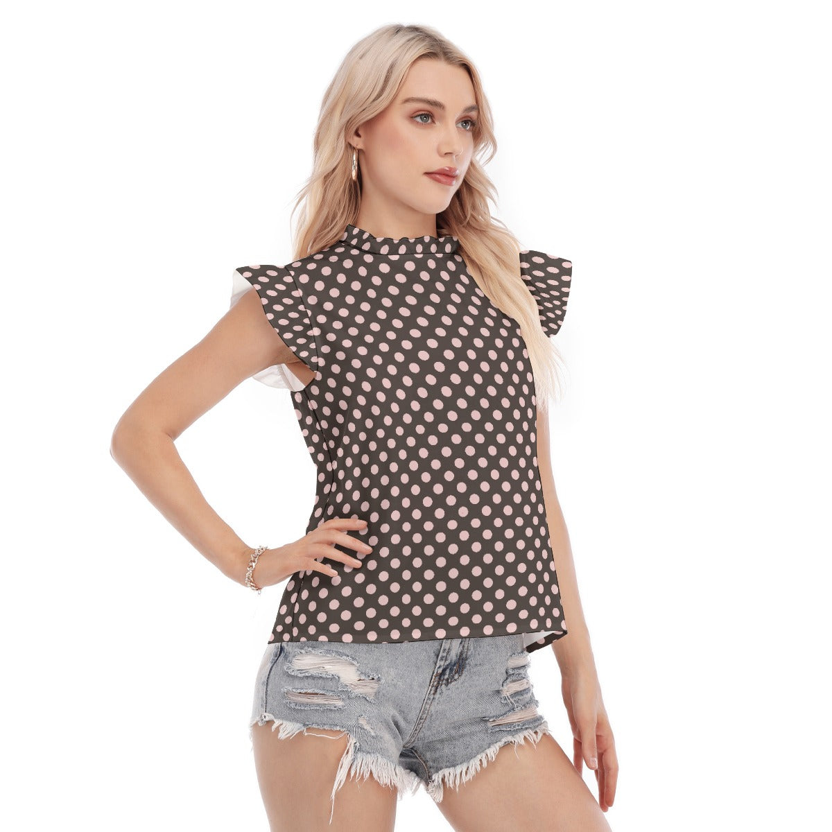 Pink Polka Dots Women's Blouse With Ruffle Collar And Sleeve