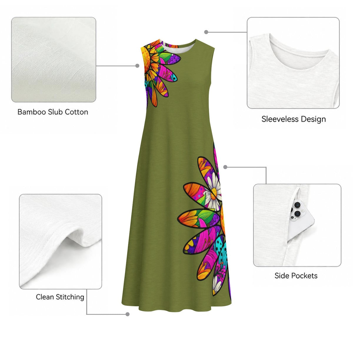 Amber Pop Art Daisies Olive Women's Sleeveless Dress With Pocket