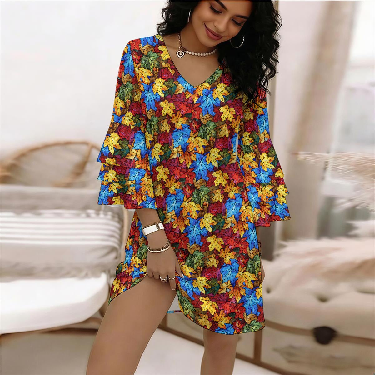 Stained Glass Maple Leaves Print Women's Stacked Ruffle Sleeve Dress