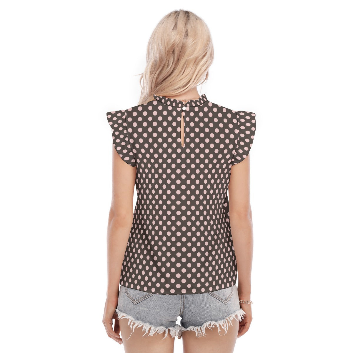 Pink Polka Dots Women's Blouse With Ruffle Collar And Sleeve