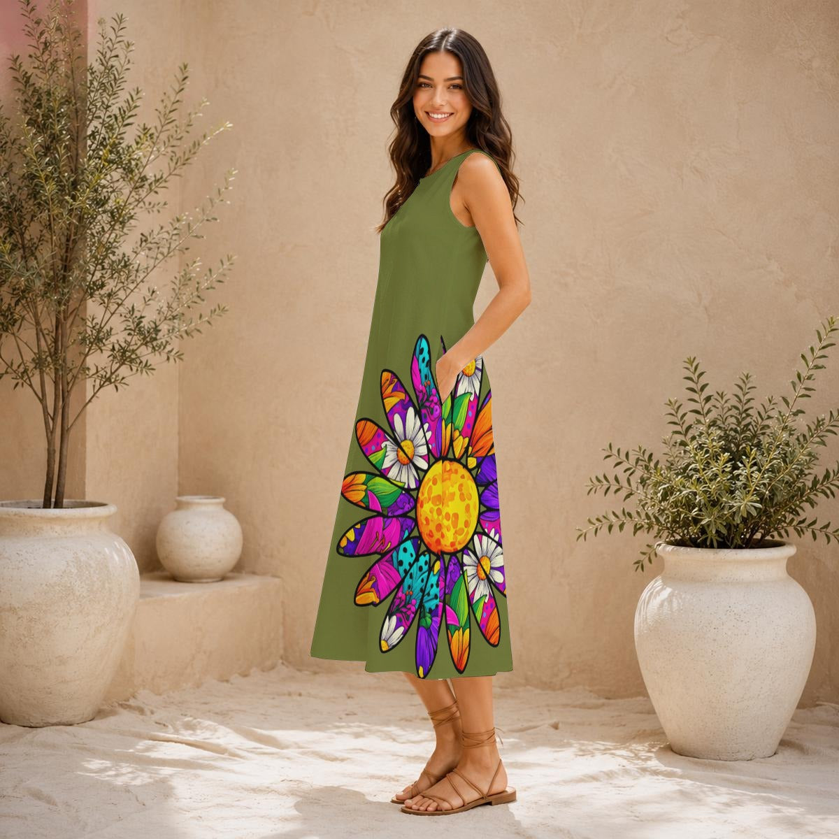 Amber Pop Art Daisies Olive Women's Sleeveless Dress With Pocket