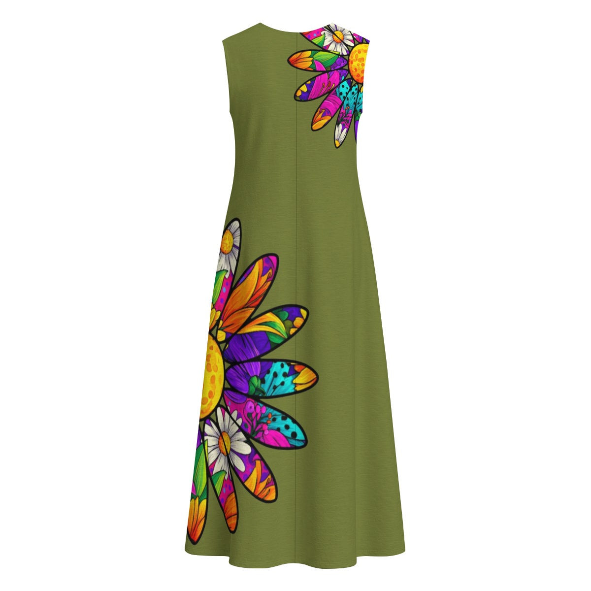 Amber Pop Art Daisies Olive Women's Sleeveless Dress With Pocket