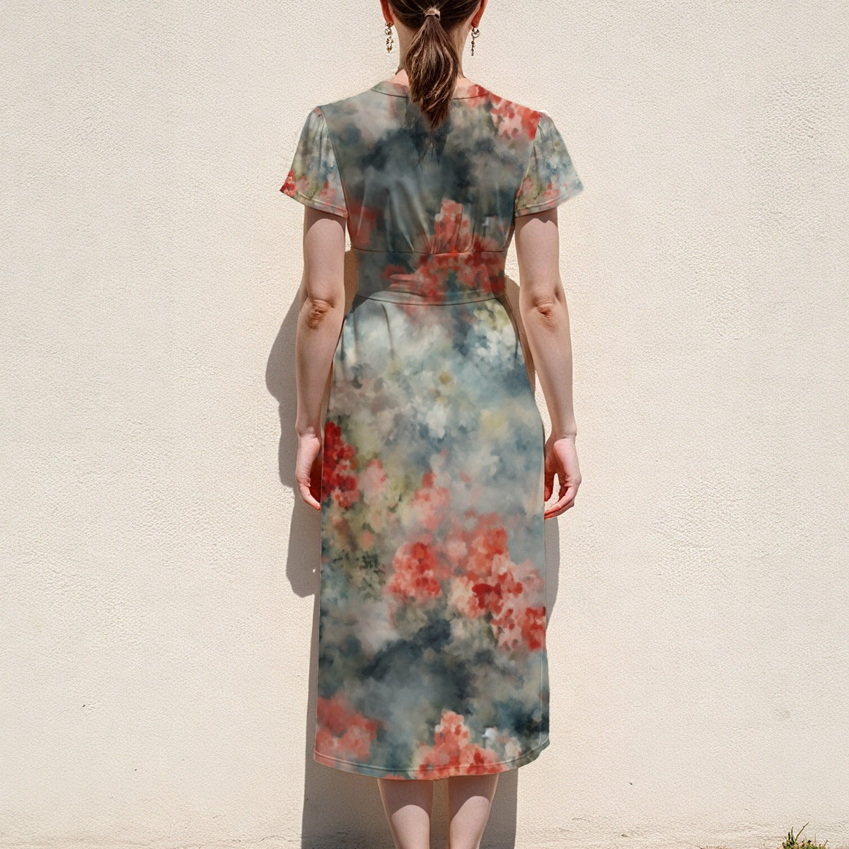 Floral Women's V-Neck Flutter Sleeve Midi Dress