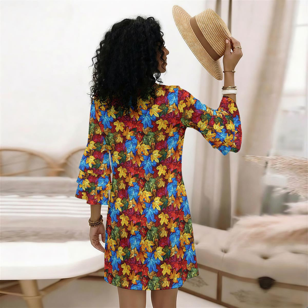 Stained Glass Maple Leaves Print Women's Stacked Ruffle Sleeve Dress