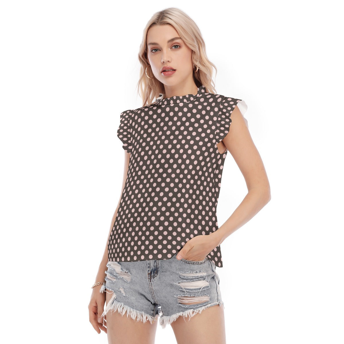 Pink Polka Dots Women's Blouse With Ruffle Collar And Sleeve