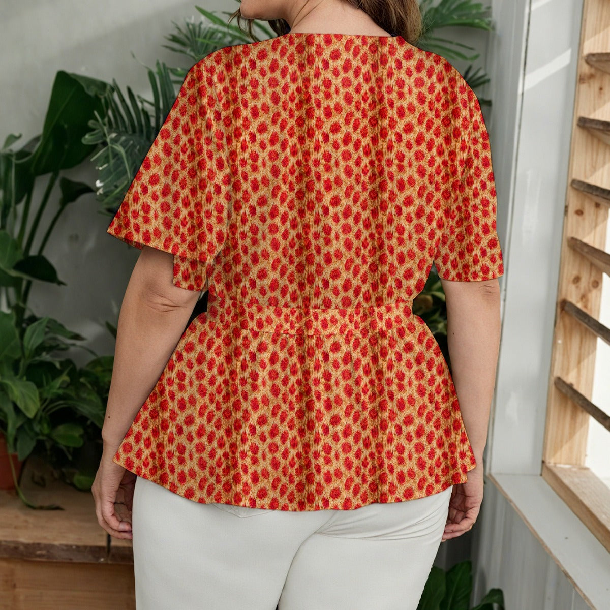 Orange Animal Print Women's Wrap Peplum Blouse