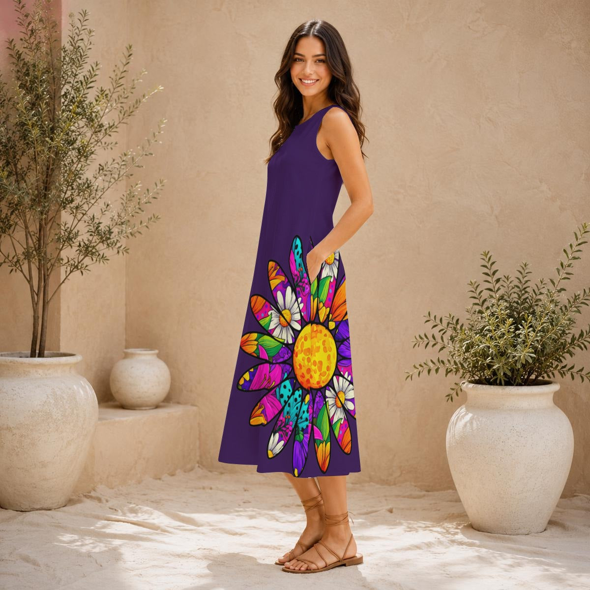 Amber Pop Art Deep Purple Women's Sleeveless Dress With Pocket