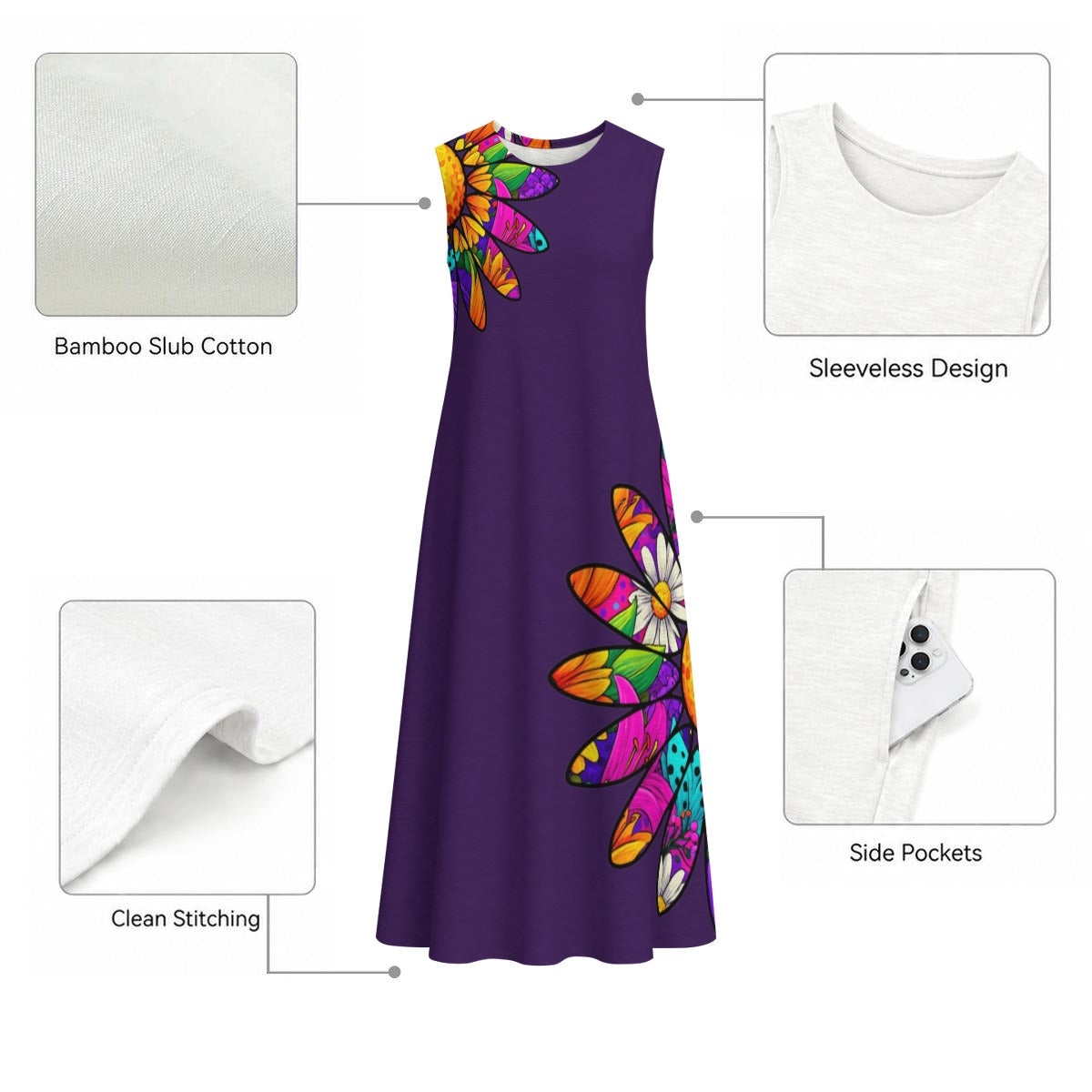 Amber Pop Art Deep Purple Women's Sleeveless Dress With Pocket