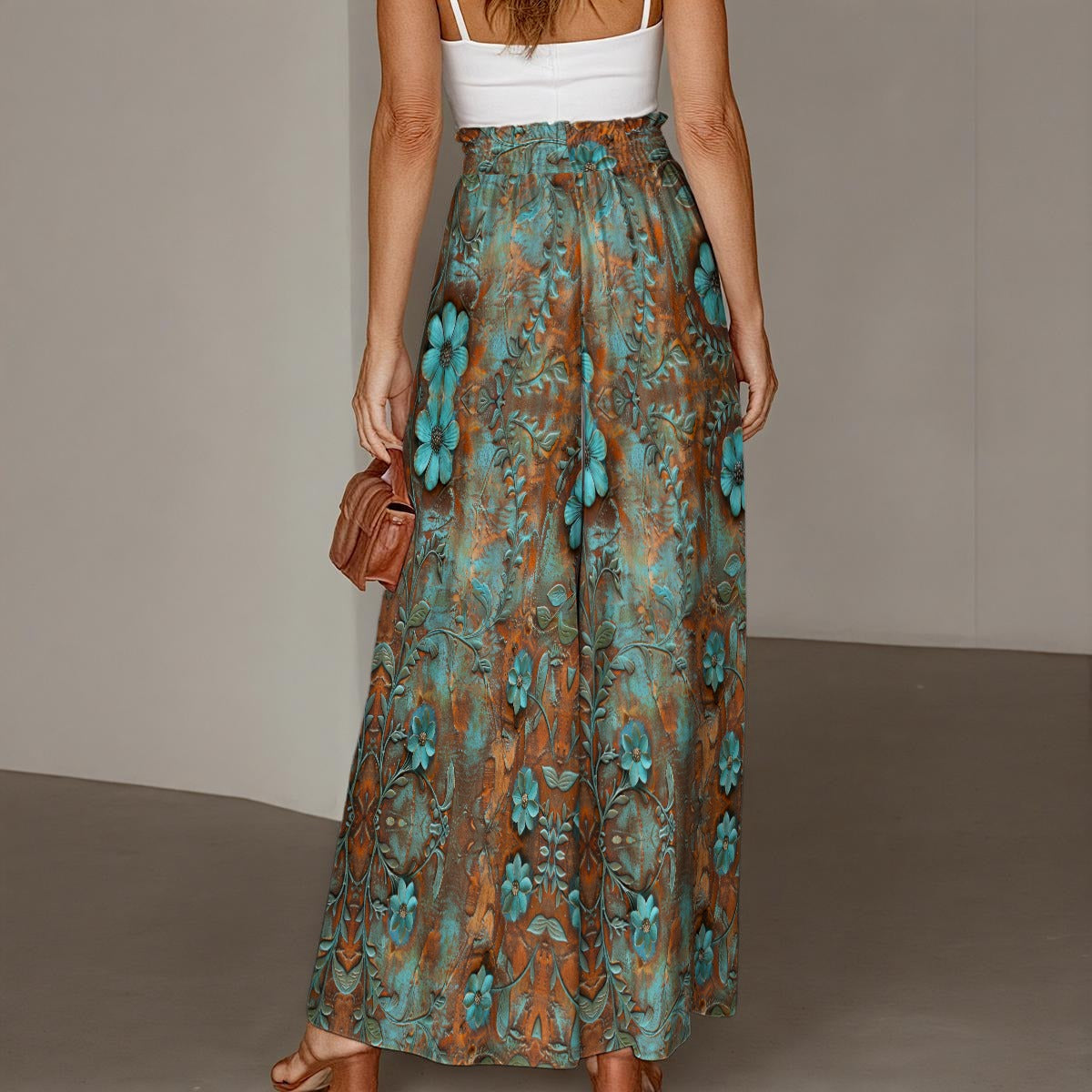 Embossed Flowers Print Women's Ruffled Wide-Leg Pants