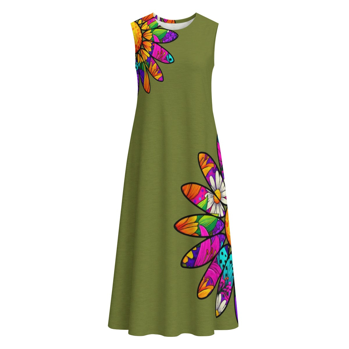 Amber Pop Art Daisies Olive Women's Sleeveless Dress With Pocket