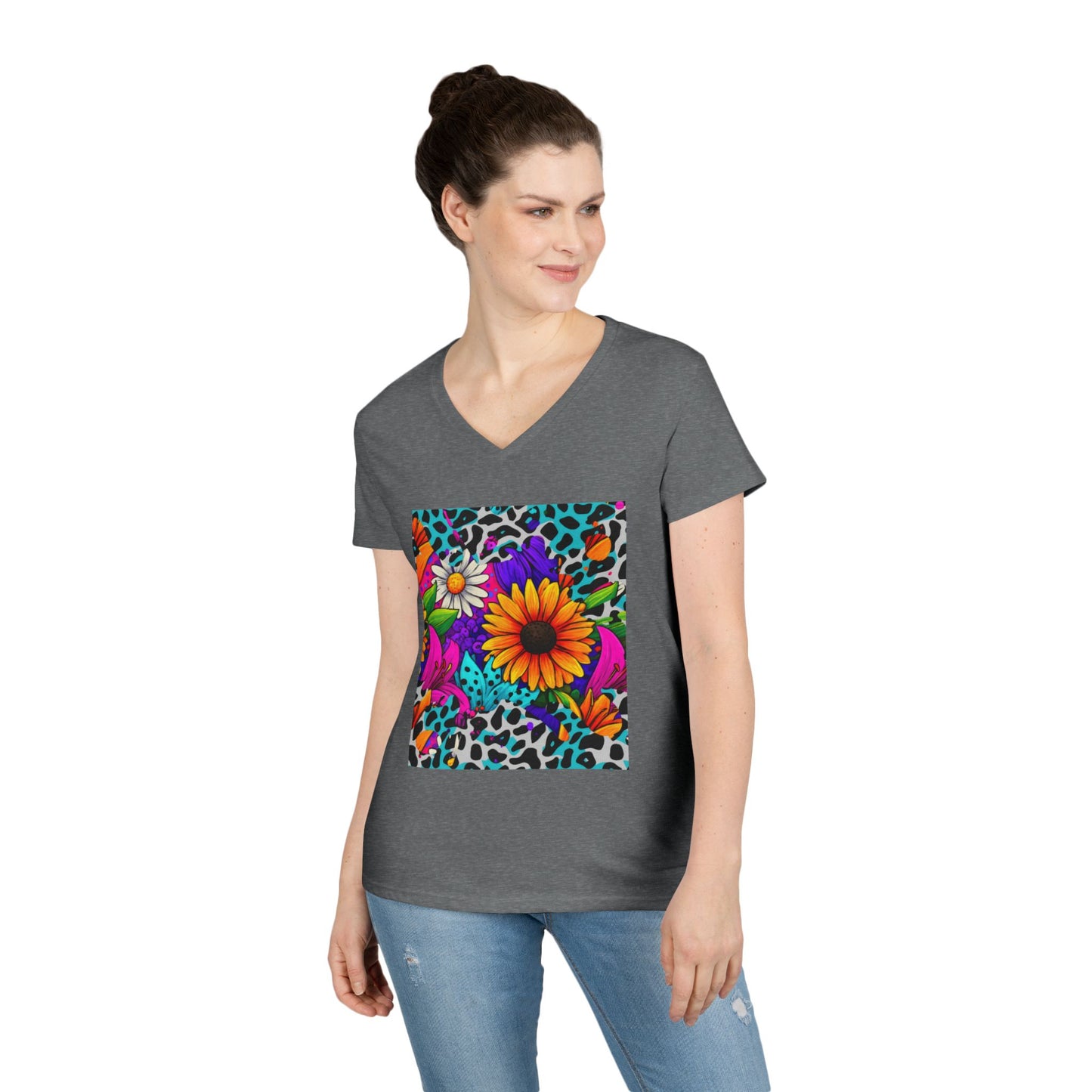 Amber Pop Art Daisies V-Neck Tee