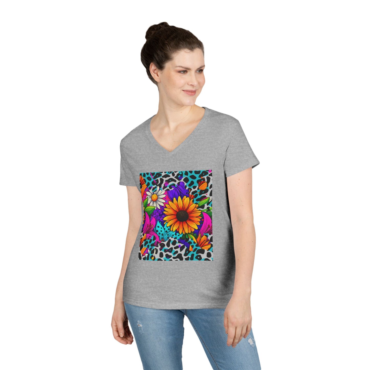 Amber Pop Art Daisies V-Neck Tee