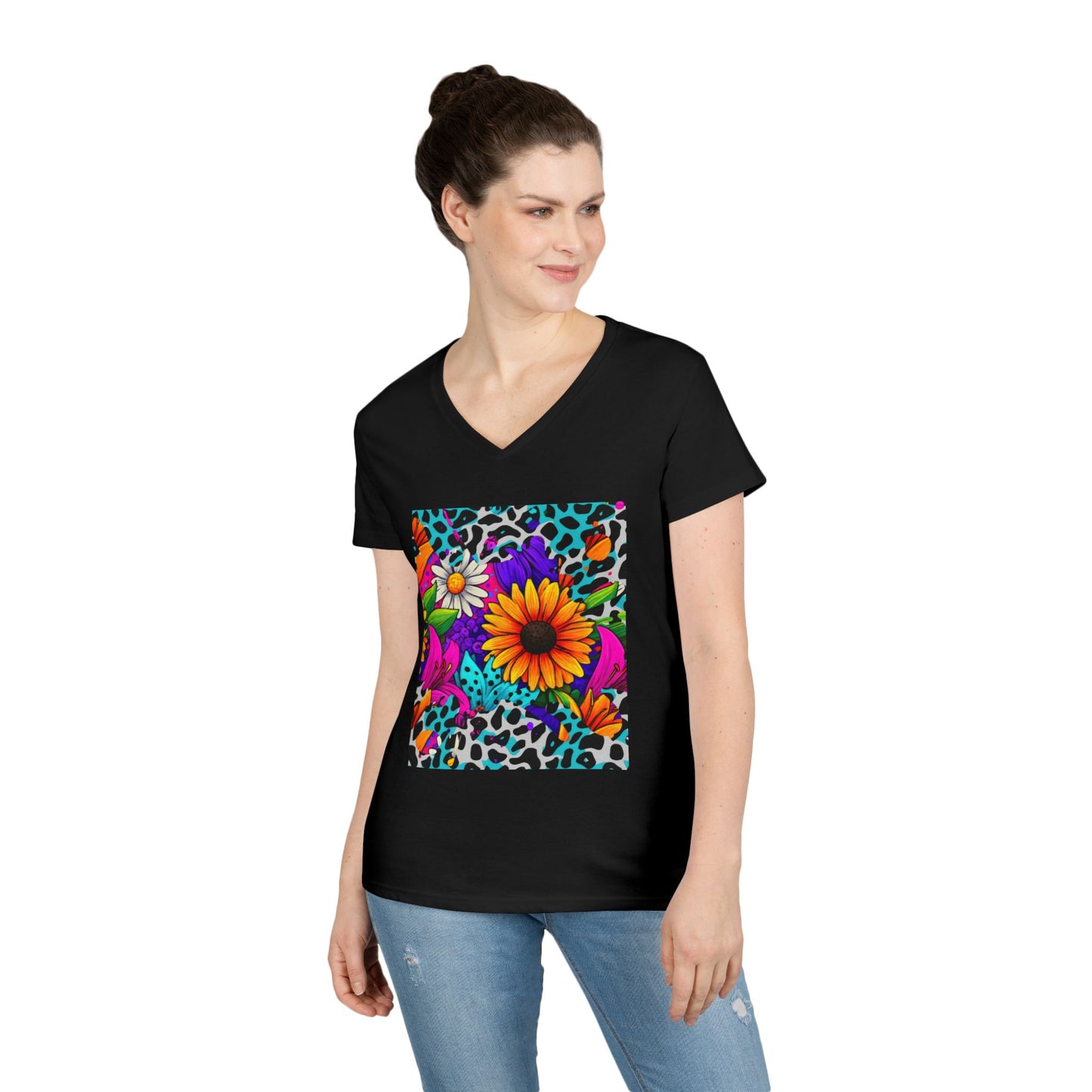 Amber Pop Art Daisies V-Neck Tee