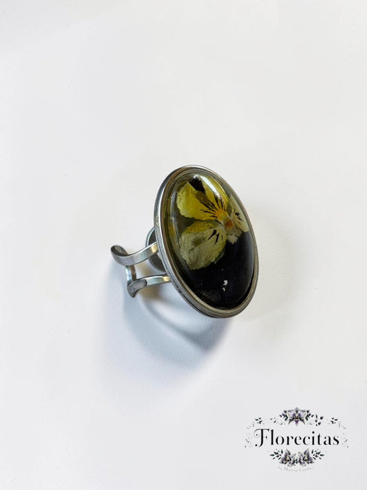 Yellow and Dark Violet Pansy Framed Ring