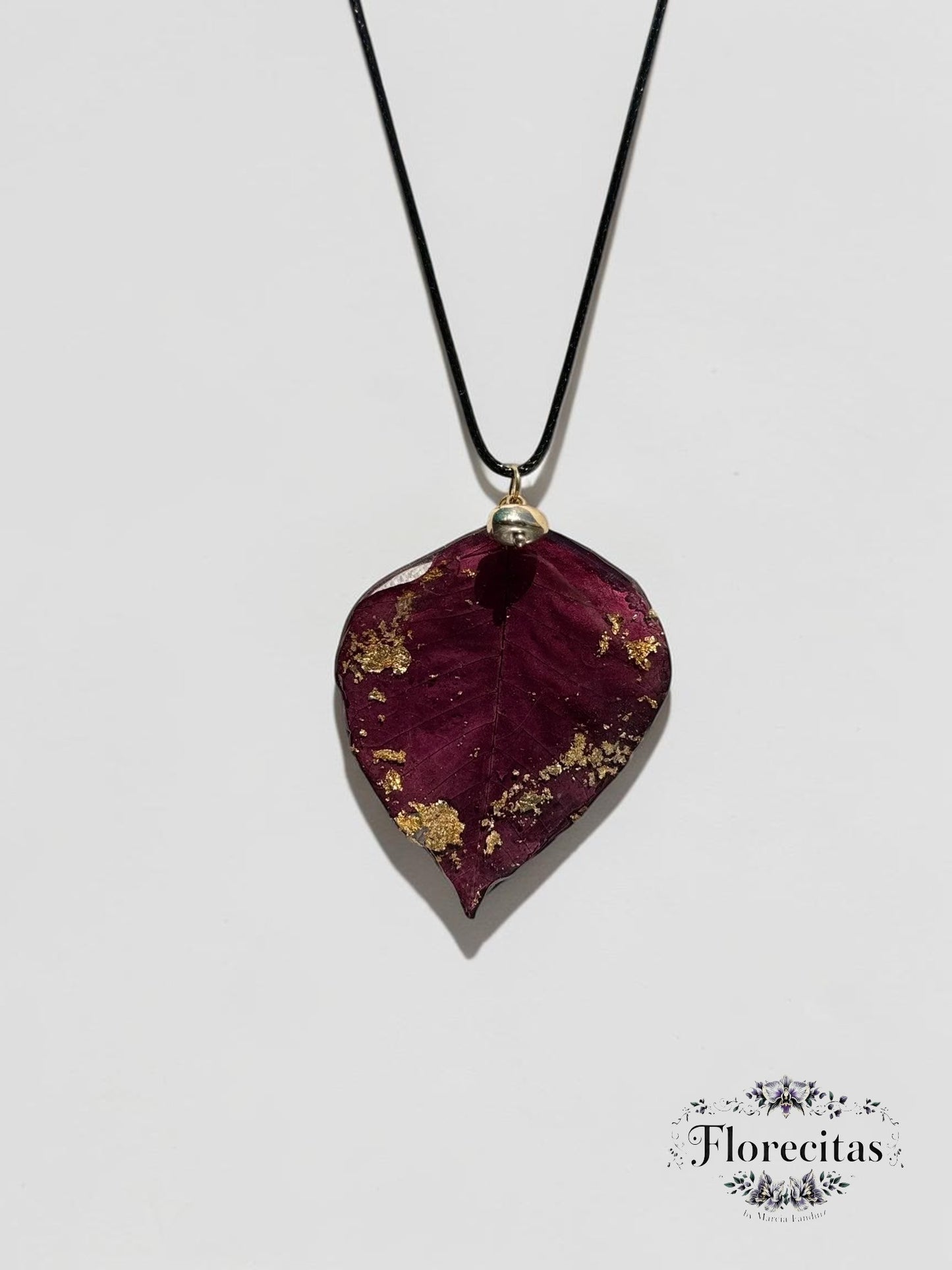 Burgundy Leaf Satin Leather Necklace with Gold Accents