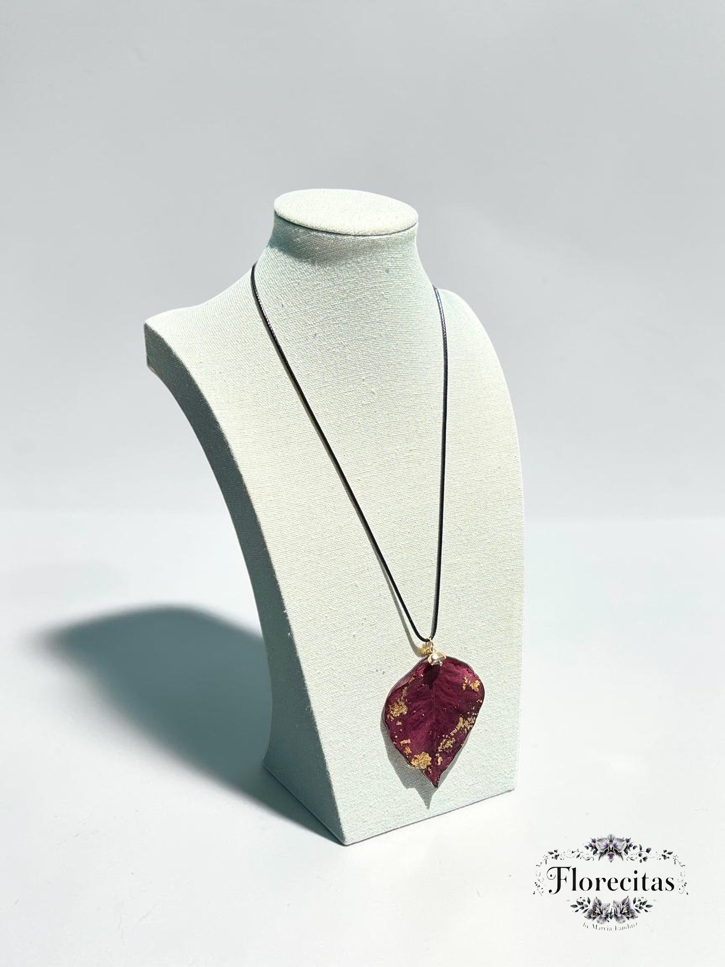 Burgundy Leaf Satin Leather Necklace with Gold Accents