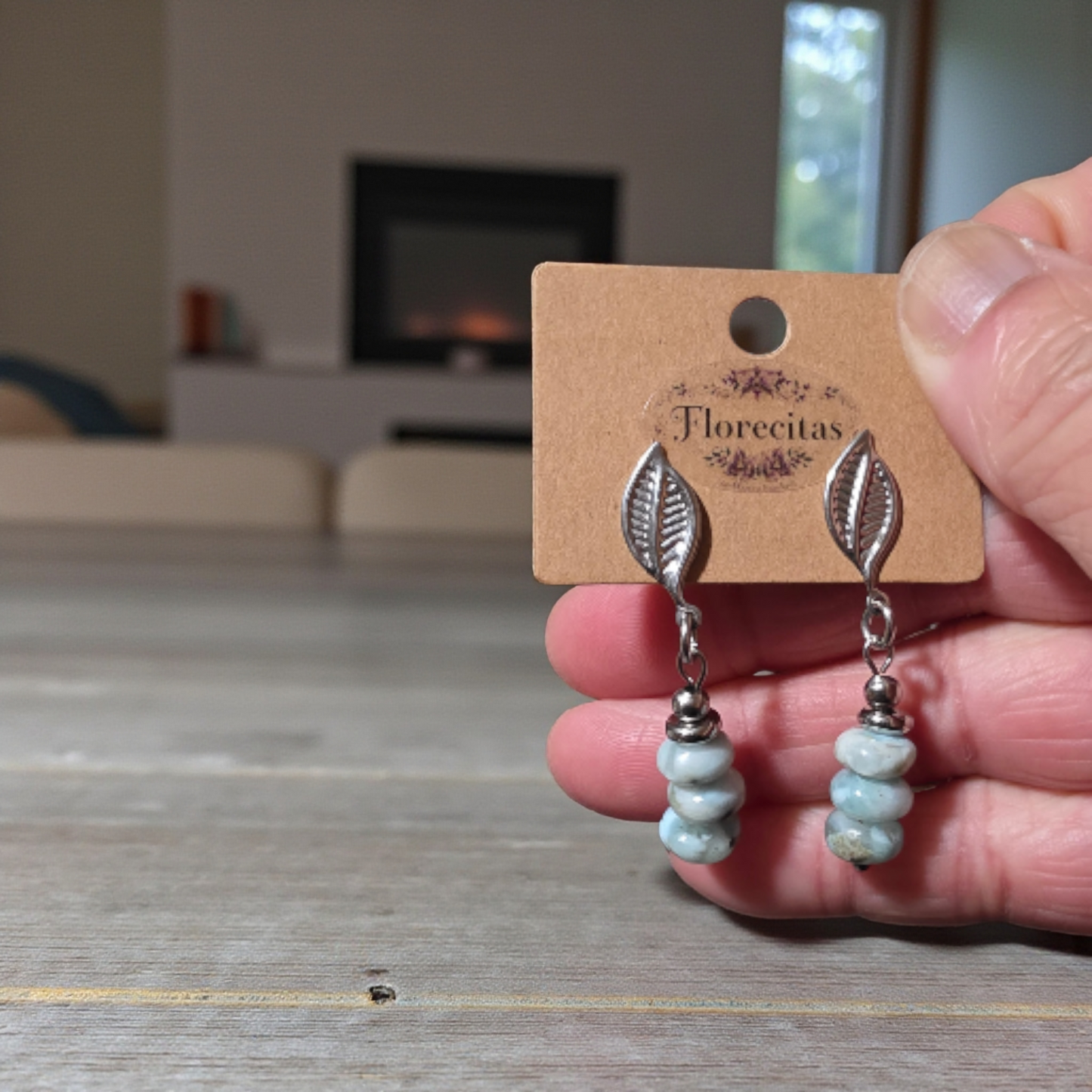 SILVER LEAFED LARIMAR TRIO DANGLING EARRINGS