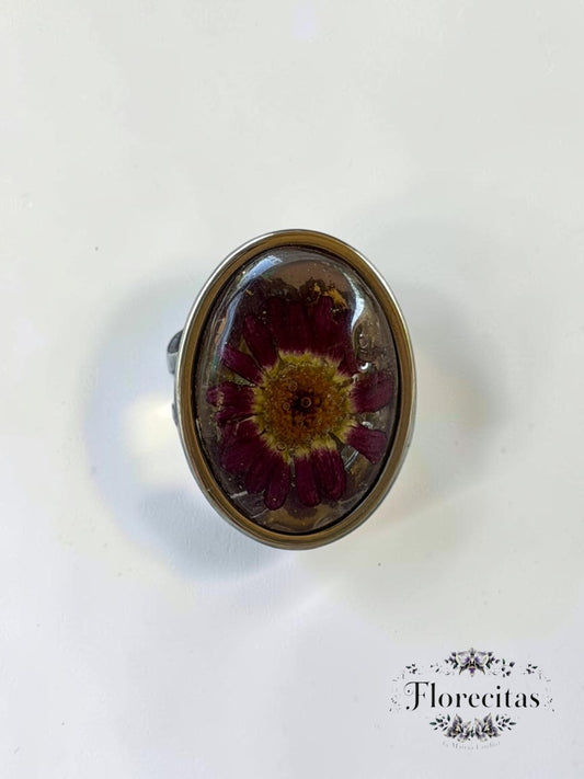 Oval Shaped Magenta and Yellow Daisy with Silver Frame Ring