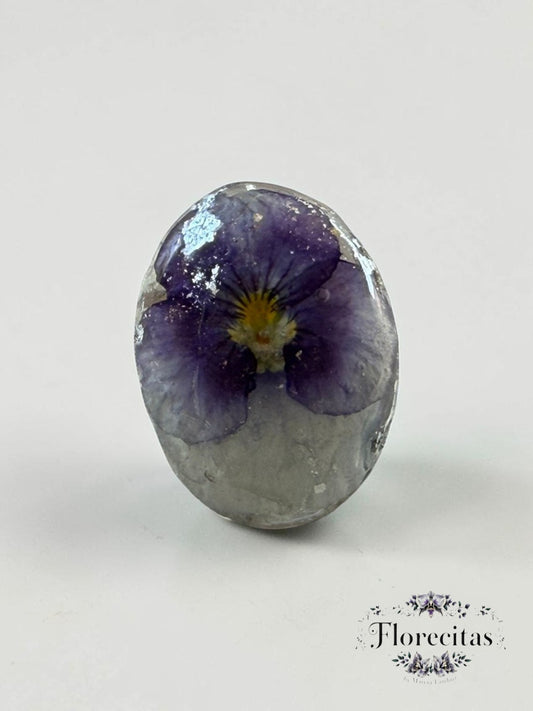 Oval Shaped White and Purple Pansy Statement Ring